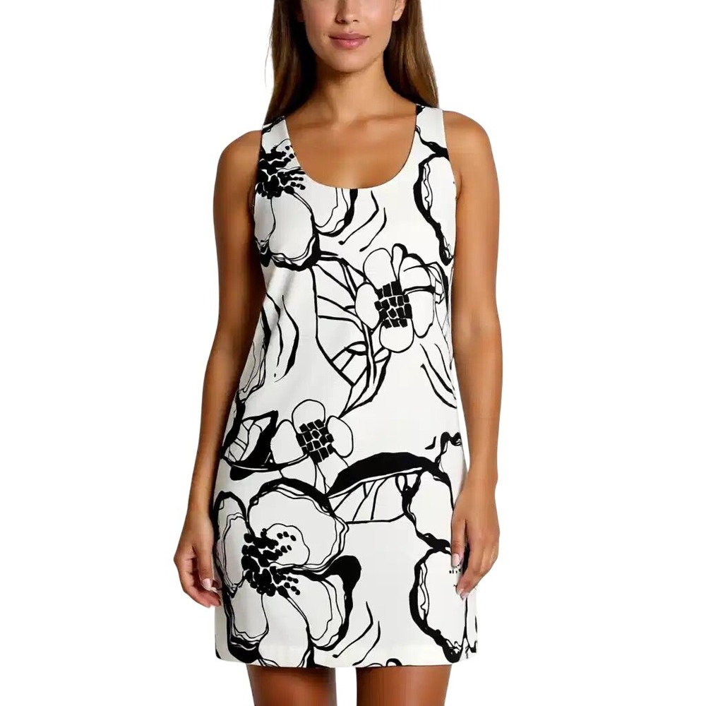 Ann Taylor Factory Black White Floral Sketch Sleeveless Shift Dress 10P Petite